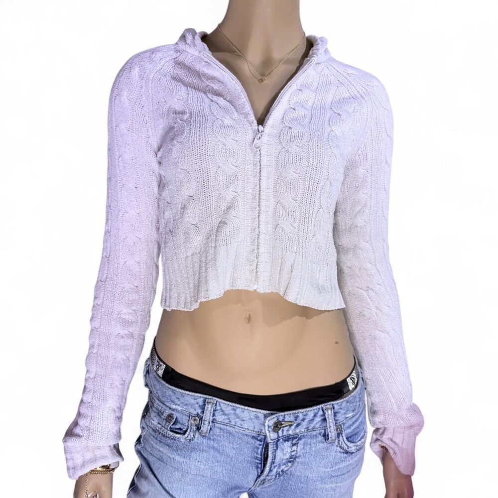 Aeropostale Cable Knit Zip Up Hoodie Cream Cropped Sweater Vintage Tag Y2K S